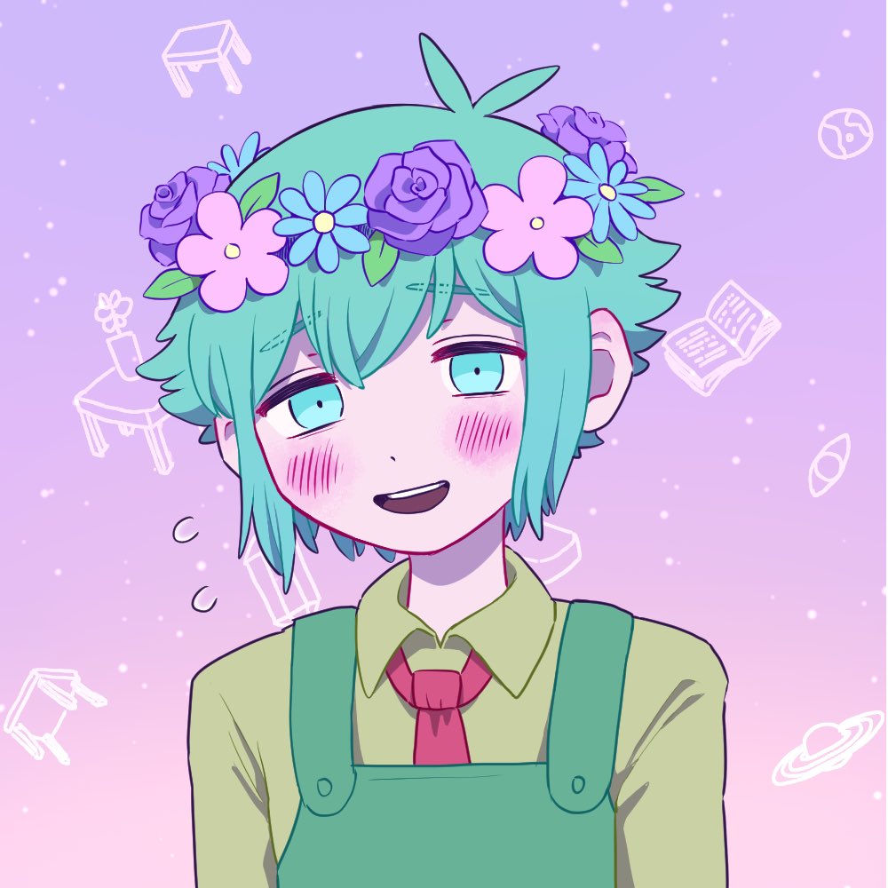 1boy, apron, basil_(headspace)_(omori), basil_(omori), blush, collared_shirt, flower, flying_sweatdrops