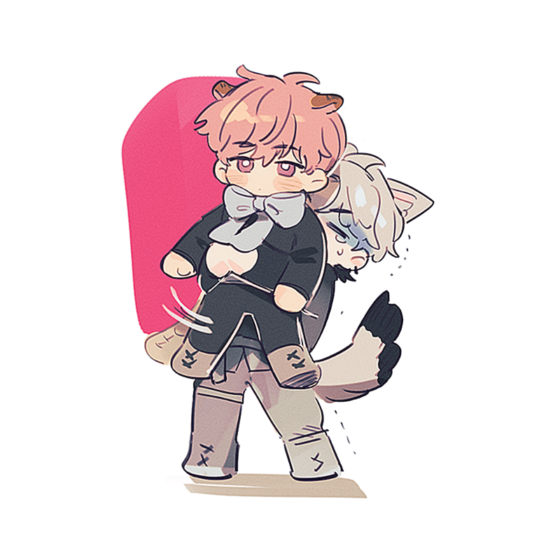 2boys, animal_ears, arms_around_waist, bamby_(plave), black_pants, black_shirt, blush, bow