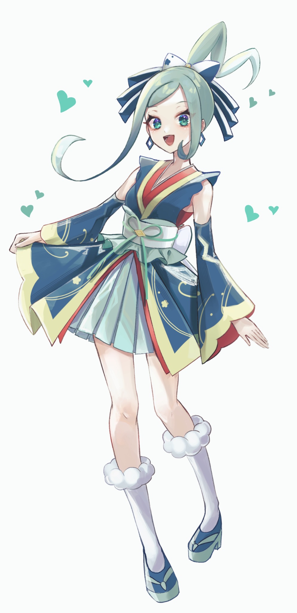 1girl, :d, bare_shoulders, bow, detached_sleeves, earrings, full_body, green_eyes