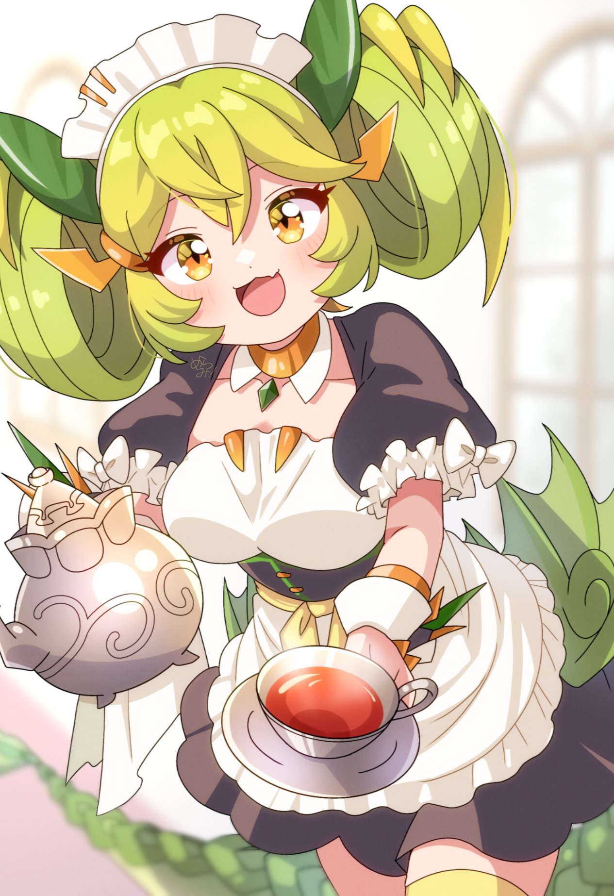 1girl, apron, black_dress, breasts, cup, dragon_girl, dragon_horns, dragon_tail