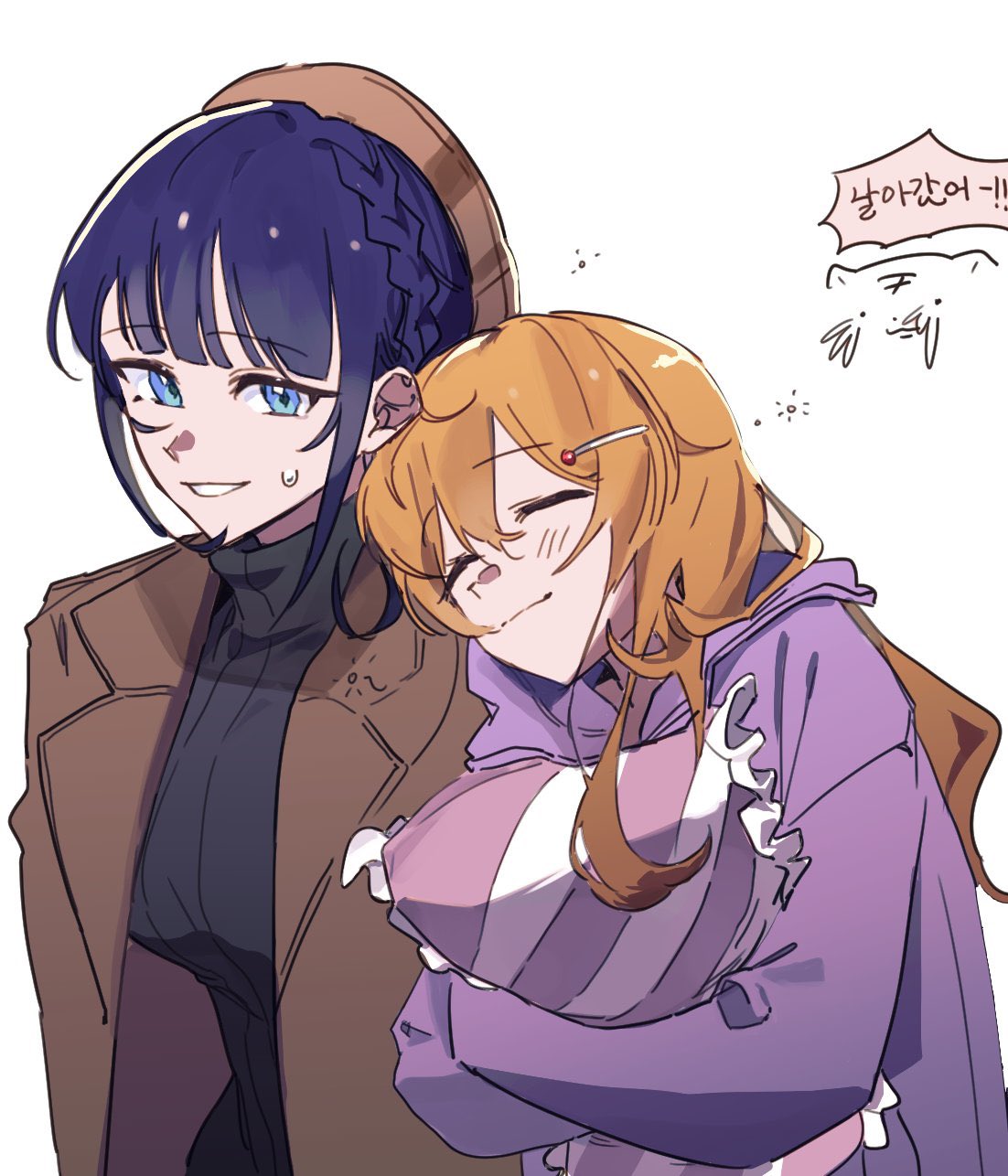 2girls, asaka_karin, beret, black_sweater, blue_eyes, blue_hair, blunt_bangs, blush