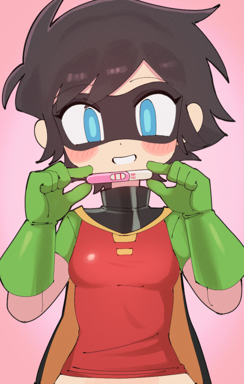 1girl, absurdres, batman_(series), batrobin_k, black_mask, blue_eyes, blush_stickers, breasts