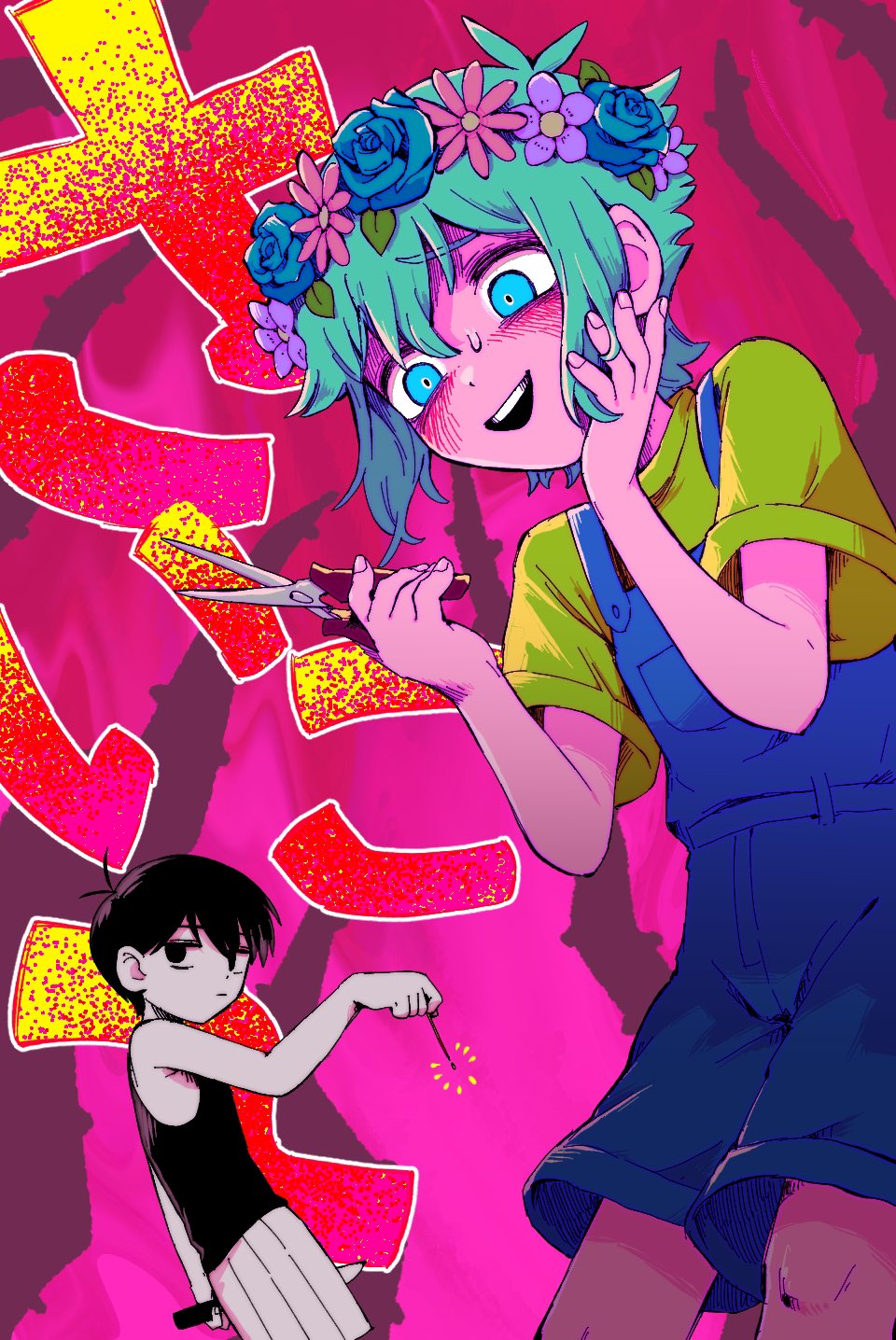 2boys, basil_(headspace)_(omori), basil_(omori), black_eyes, black_hair, black_tank_top, blue_overalls, blush