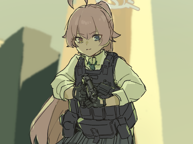 1girl, ahoge, aiming, black_gloves, blue_archive, blue_eyes, blurry, blurry_background