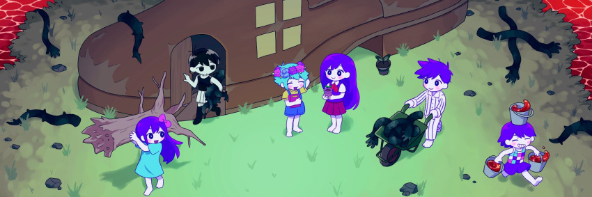 2girls, 4boys, arm_behind_head, arm_up, aubrey_(headspace)_(omori), aubrey_(omori), barefoot, basil_(headspace)_(omori)
