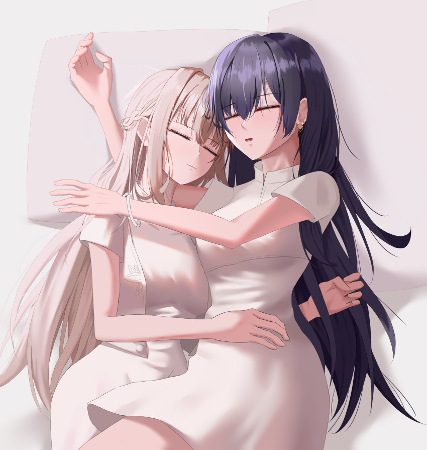 2girls, absurdres, brown_hair, closed_eyes, closed_mouth, commentary, cuddling, dress