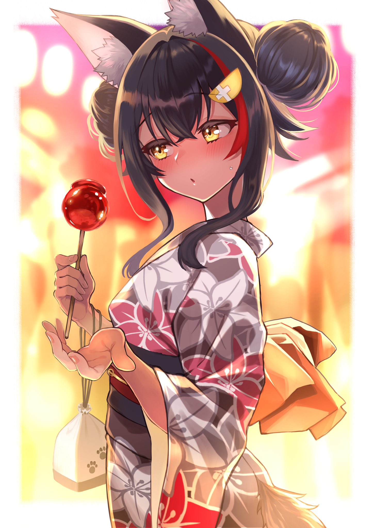 1girl, @-you_(you_2023_8_16), animal_ear_fluff, animal_ears, averting_eyes, bag, black_hair, blurry, blurry_background, blush, border, candy, candy_apple, commentary_request, double_bun, embarrassed, floral_print, food, hair_between_eyes, hair_bun, hair_ornament, highres, holding, holding_candy, holding_food, hololive, japanese_clothes, kimono, long_hair, looking_to_the_side, multicolored_hair, nervous_sweating, offering_hand, ookami_mio, ookami_mio_(another_ookami_mio), paw_print, raised_eyebrows, sidelocks, solo, streaked_hair, sweat, upper_body, virtual_youtuber, white_border, wolf_ears, wolf_girl, yellow_eyes