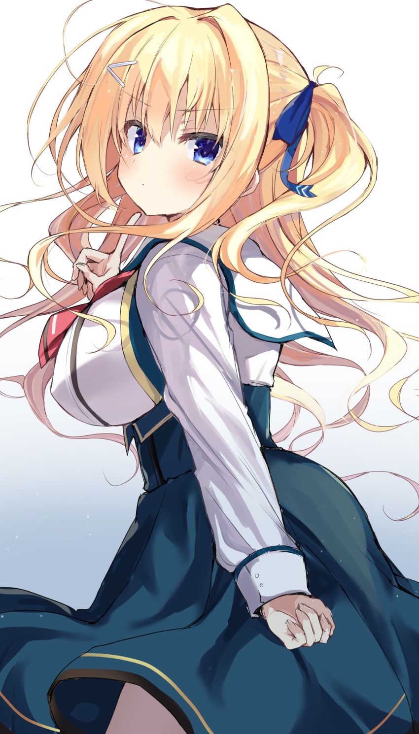1girl, absurdres, arm_at_side, blonde_hair, blue_eyes, blue_ribbon, blue_skirt, blush