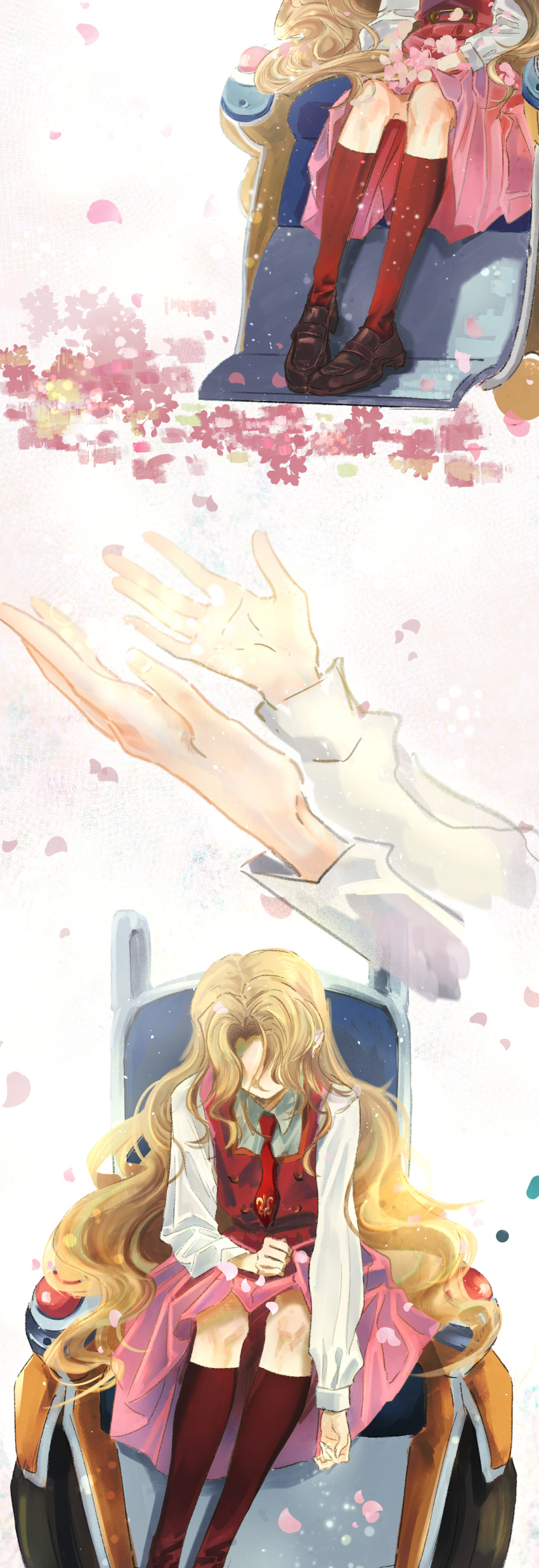 1girl, absurdres, ashford_academy_school_uniform, blonde_hair, brown_footwear, code_geass, collared_shirt, dress, face_in_shadow, falling_petals, highres, kneehighs, loafers, long_hair, multiple_views, necktie, nunnally_vi_britannia, petals, pinafore_dress, pink_petals, pink_skirt, powered_wheelchair, red_necktie, red_socks, school_uniform, shirt, shoes, skirt, sleeveless, sleeveless_dress, socks, very_long_hair, wheelchair, white_shirt, youlitai