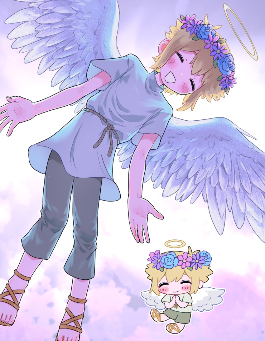 1boy, angel, angel_wings, basil_(faraway)_(omori), basil_(omori), blonde_hair, blush, brown_footwear