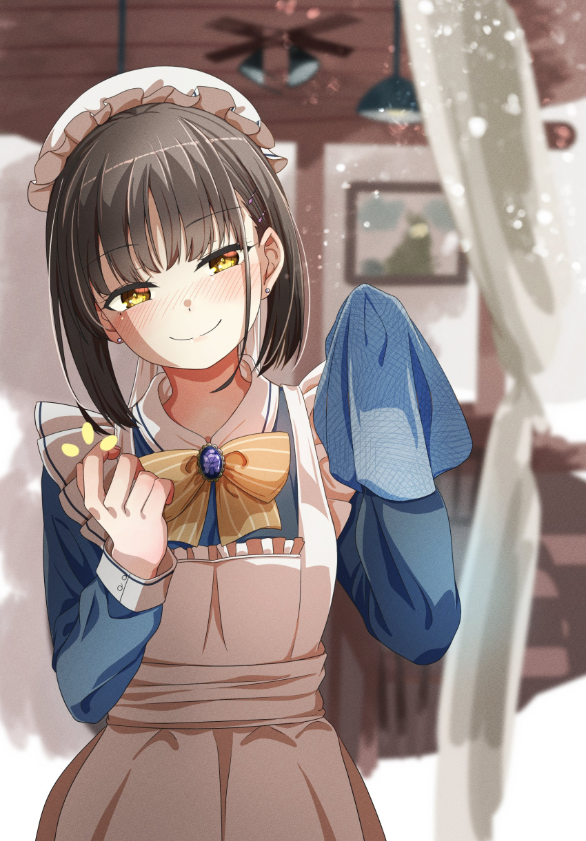 1girl, absurdres, apron, black_hair, blue_shirt, blush, bow, breasts, bright_pupils, c:, cafe_stella_to_shinigami_no_chou, closed_mouth, commentary, cowboy_shot, day, earrings, film_grain, gem, hair_between_eyes, hair_bun, hair_ornament, hairclip, half-closed_eyes, hands_up, happy, haribo_no_suke, hat, head_tilt, highres, indoors, jewelry, long_sleeves, looking_at_viewer, maid, maid_apron, medium_breasts, mob_cap, mole, mole_under_eye, nose_blush, notice_lines, purple_gemstone, shiki_natsume, shirt, single_hair_bun, smile, solo, split_mouth, striped_bow, stud_earrings, white_apron, white_hat, yellow_bow, yellow_eyes
