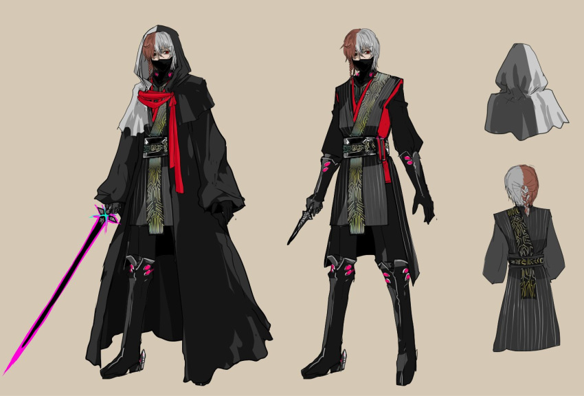 1boy, antonio_salieri_(exhibition_attire)_(fate), antonio_salieri_(fate), black_cloak, black_eyes, black_footwear, black_gloves, black_mask