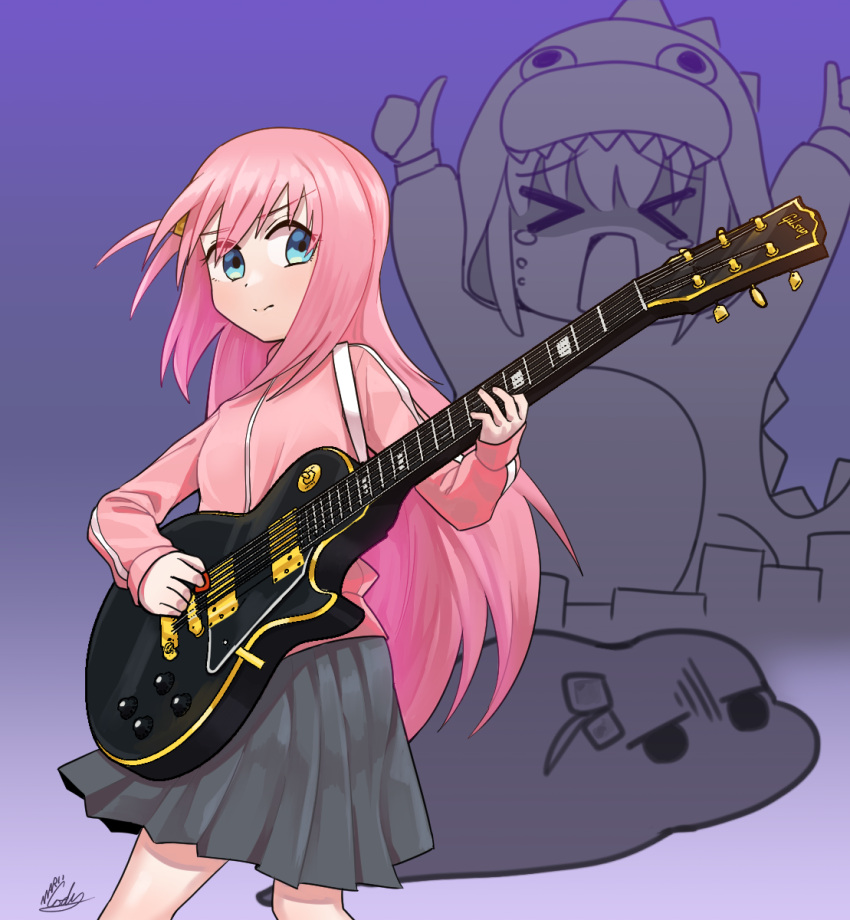 1girl, bocchi_the_rock!, electric_guitar, gibson_les_paul, gotoh_hitori, gotoh_hitori_(tsuchinoko), grey_skirt, guitar, highres, holding, holding_guitar, holding_instrument, instrument, jacket, marucody, music, pink_hair, pink_jacket, playing_guitar, playing_instrument, plectrum, skirt, solo, standing