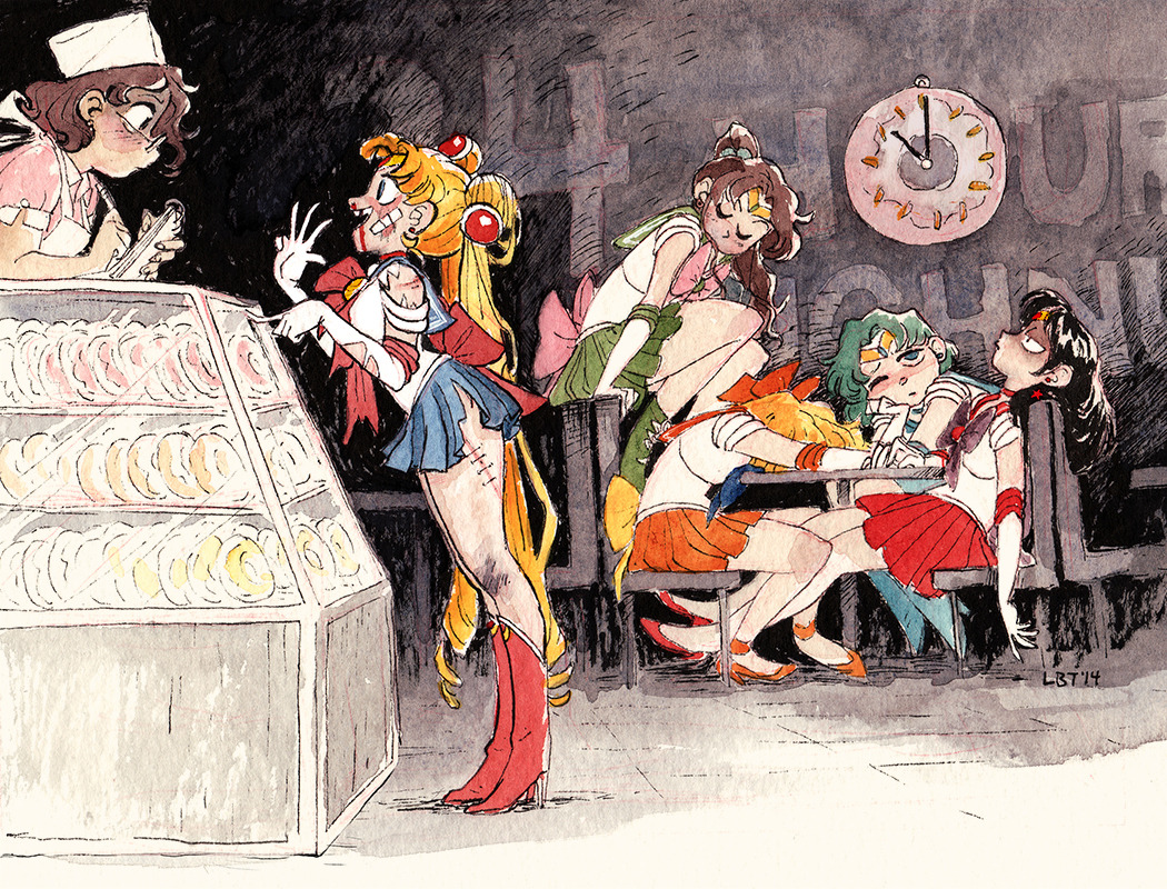 6+girls, aino_minako, artist_name, bandaid, bandaid_on_face, bishoujo_senshi_sailor_moon, blonde_hair, blood, blue_sailor_collar, boots, brown_hair, bruise, circlet, clock, commentary, dated, display_case, doughnut_shop, english_commentary, from_side, full_body, gloves, green_skirt, hand_up, high_heels, high_ponytail, hino_rei, indoors, injury, kino_makoto, lissabt, long_hair, magical_girl, mizuno_ami, multiple_girls, nosebleed, orange_skirt, reclining, red_footwear, red_skirt, sailor_collar, sailor_jupiter, sailor_mars, sailor_mercury, sailor_moon, sailor_venus, short_hair, sitting, skirt, stitches, torn_clothes, torn_gloves, torn_skirt, tsukino_usagi