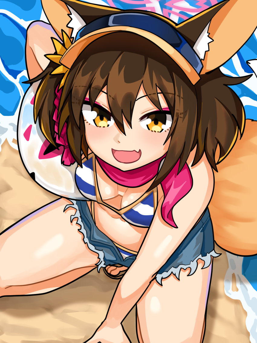 1girl, animal_ears, ball, beach, beachball, bikini, blue_archive, blue_bikini