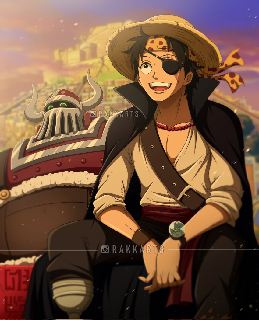 1boy, artist_name, bead_necklace, beads, black_cape, black_eyes, black_hair, cape, closed_eyes, commentary, emet_(one_piece), english_commentary, evening, eyepatch, hat, headband, highres, instagram_logo, instagram_username, jewelry, joy_boy_(one_piece), log_pose, male_focus, necklace, one_eye_covered, one_piece, open_mouth, outdoors, rakara11_(rakkarts), robot, scar, scar_across_eye, scar_on_face, short_hair, smile, straw_hat, teeth
