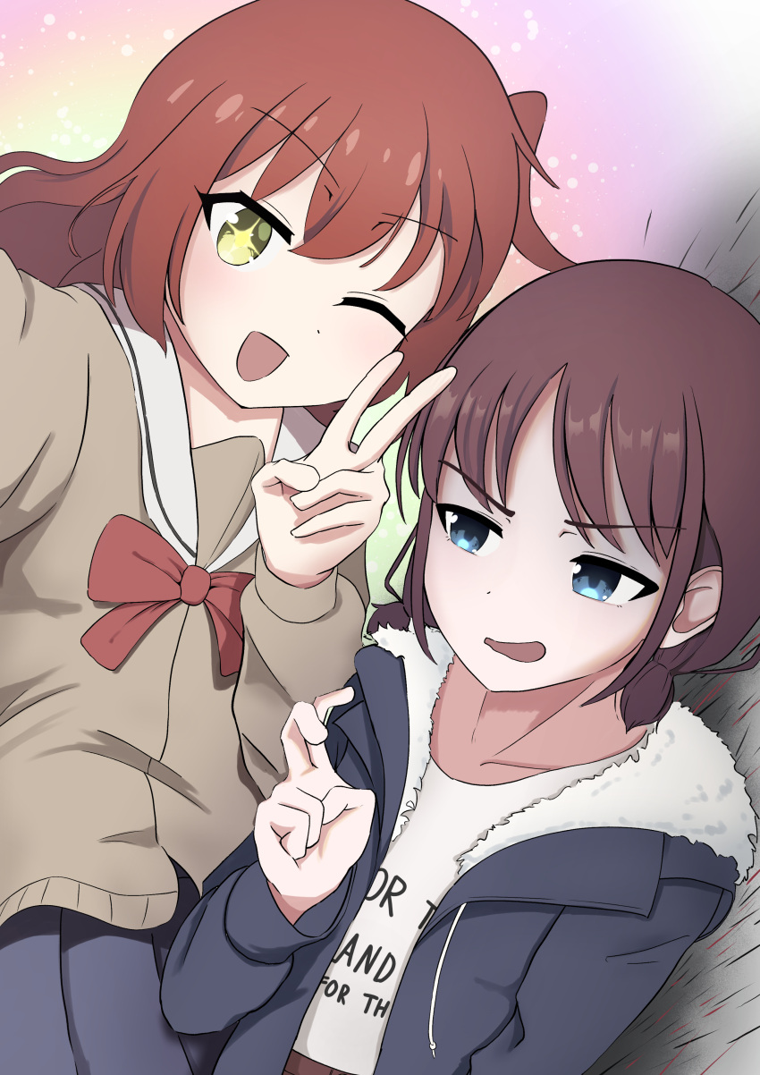 2girls, absurdres, angry, blue_eyes, blue_jacket, blue_skirt, bocchi_the_rock!, bow