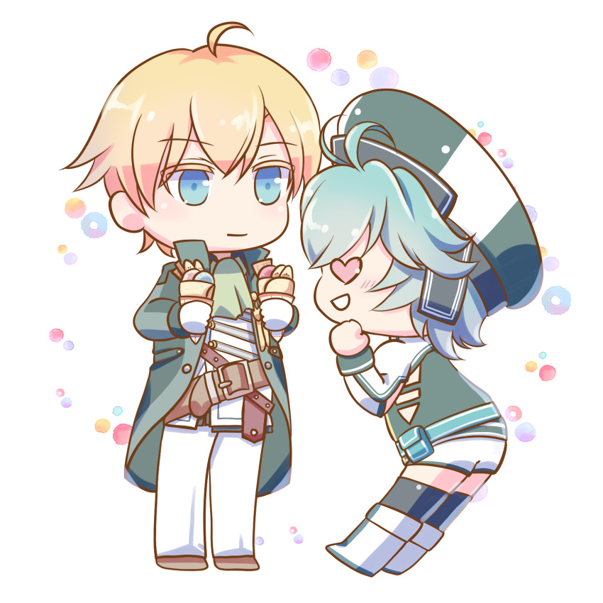 1boy, 1girl, :d, belt, blonde_hair, blue_eyes, blue_hair, chibi, chibi_only, closed_mouth, commentary_request, dessert, eiyuu_densetsu, food, heart, heart-shaped_eyes, highres, holding, holding_ice_cream_cone, ice_cream, ice_cream_cone, jusis_albarea, leaning_forward, millium_orion, momoiro_sango, sen_no_kiseki_(series), sen_no_kiseki_iii, short_hair, sideways_mouth, smile