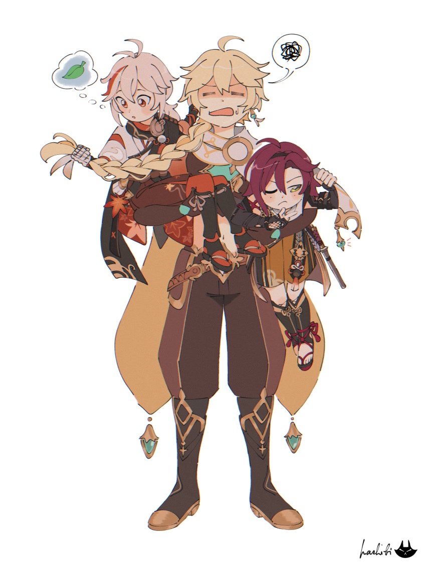 3boys, =_=, absurdres, aether_(genshin_impact), age_difference, aged_down, artist_name, babysitter