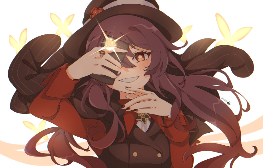 1girl, :d, arm_up, artist_name, breasts, brooch, brown_hair, brown_hat, brown_vest, camera_flash, collared_shirt, genshin_impact, gradient_hair, grin, hair_between_eyes, hand_up, hashibi_(noyasakihashibi), hat, highres, holding, holding_phone, hu_tao_(genshin_impact), jacket, jacket_on_shoulders, jewelry, light_blush, long_hair, looking_ahead, multicolored_hair, one_eye_covered, phone, pinstripe_jacket, pinstripe_pattern, portrait, red_shirt, redhead, ring, shirt, sleeve_cuffs, small_breasts, smile, solo, taking_picture, twintails, vest, white_background, wind, wing_collar