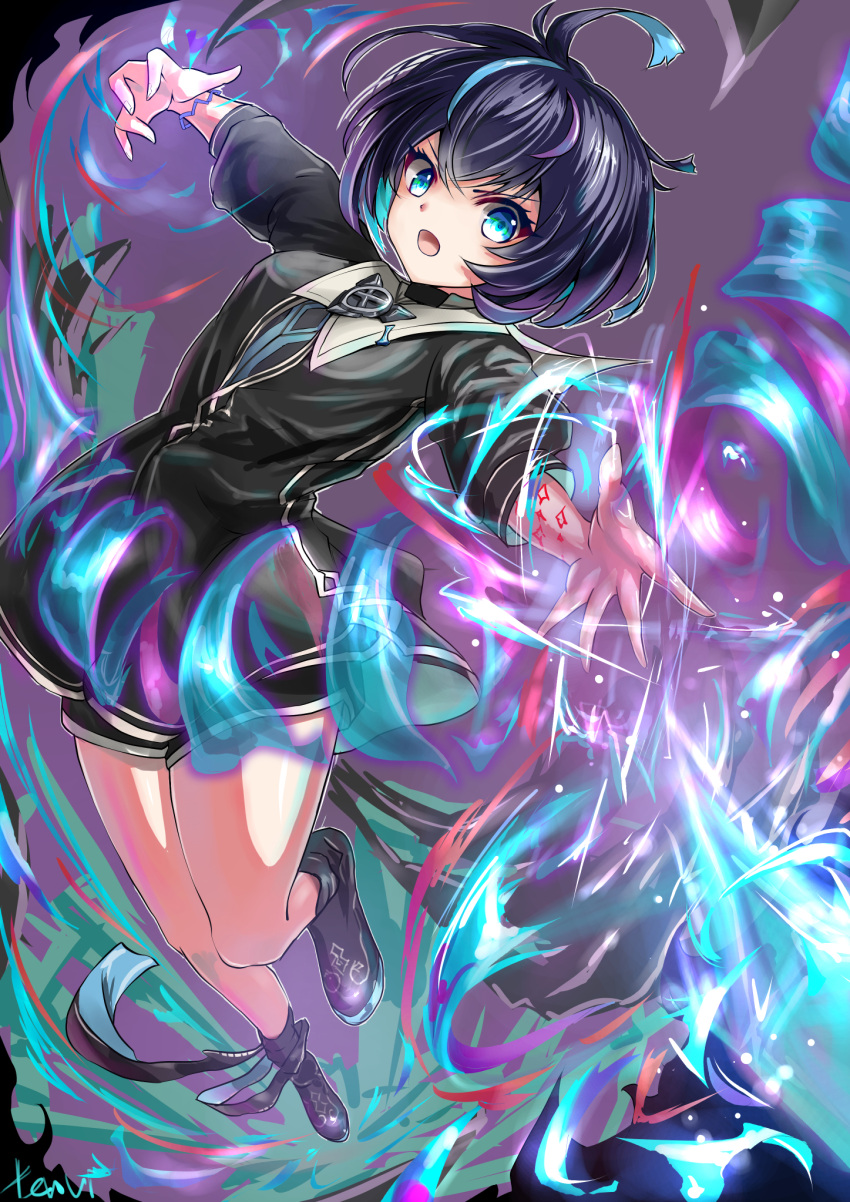 1girl, black_cardigan, black_hair, black_shorts, cardigan, highres, leg_up, luna_(shironeko_project), multicolored_hair, open_mouth, outstretched_arms, peak824545201, shironeko_project, short_hair, shorts, solo, spread_arms