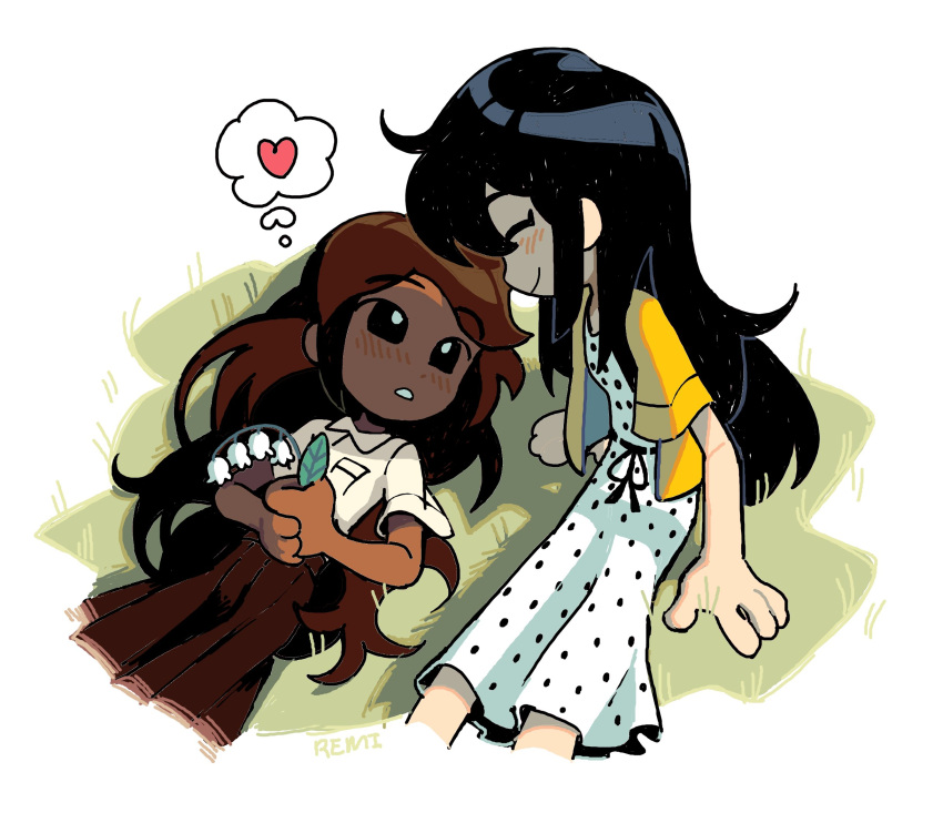 2girls, ^_^, arm_support, artist_name, black_eyes, black_hair, blush, bright_pupils, brown_hair, brown_skirt, closed_eyes, closed_mouth, collared_shirt, commentary, commission, cropped_legs, daphne_(omori), dark-skinned_female, dark_skin, deformed, dress, english_commentary, facing_another, flower, hair_spread_out, heart, highres, holding, holding_flower, interracial, jacket, lily_of_the_valley, looking_at_another, lying, mari_(faraway)_(omori), mari_(omori), multiple_girls, no_sclera, official_alternate_costume, omori, on_back, on_grass, open_clothes, open_jacket, parted_lips, pleated_skirt, polka_dot, polka_dot_dress, remi_(mozzaremi), shirt, short-sleeved_jacket, short_sleeves, skirt, smile, thought_bubble, white_dress, white_flower, white_pupils, white_shirt, yellow_jacket, yuri