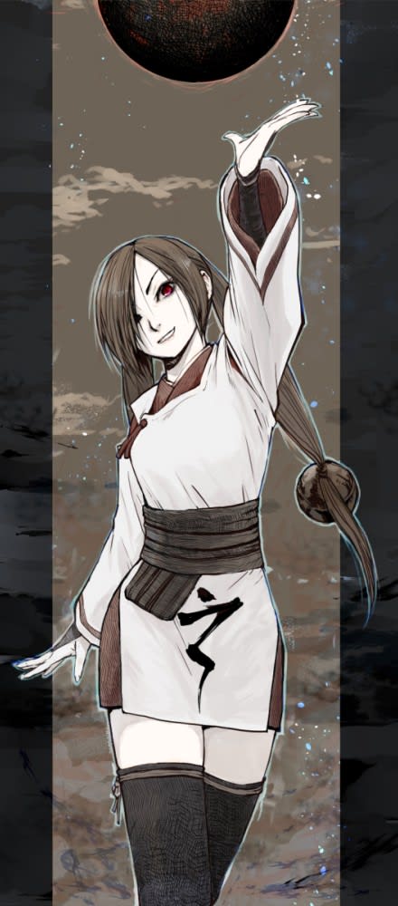 1girl, black_thighhighs, brown_hair, clouds, dougi, full_body, hair_ornament, hakama