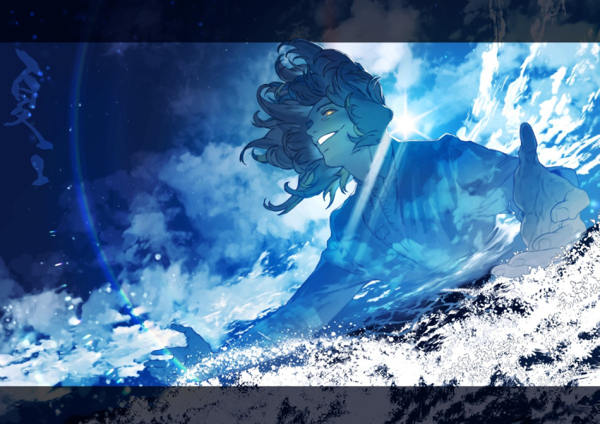 1boy, bakushi_(smys2017), black_border, blue_theme, border, clouds, cloudy_sky, commentary_request