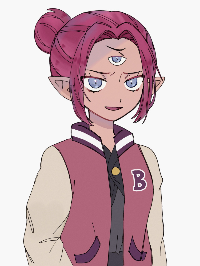 1girl, absurdres, arms_at_sides, blue_eyes, boscha_(the_owl_house), dark-skinned_female, dark_skin, grey_background, hair_bun, highres, jacket, letterman_jacket, light_smile, long_sleeves, open_clothes, open_jacket, parted_bangs, parted_lips, pointy_ears, redhead, sidelocks, single_hair_bun, the_owl_house, third_eye, upper_body