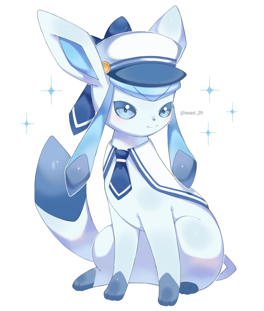 artist_name, blue_eyes, blue_fur, blue_hat, blush, clothed_pokemon, glaceon, glaceon_(summer_sailor)