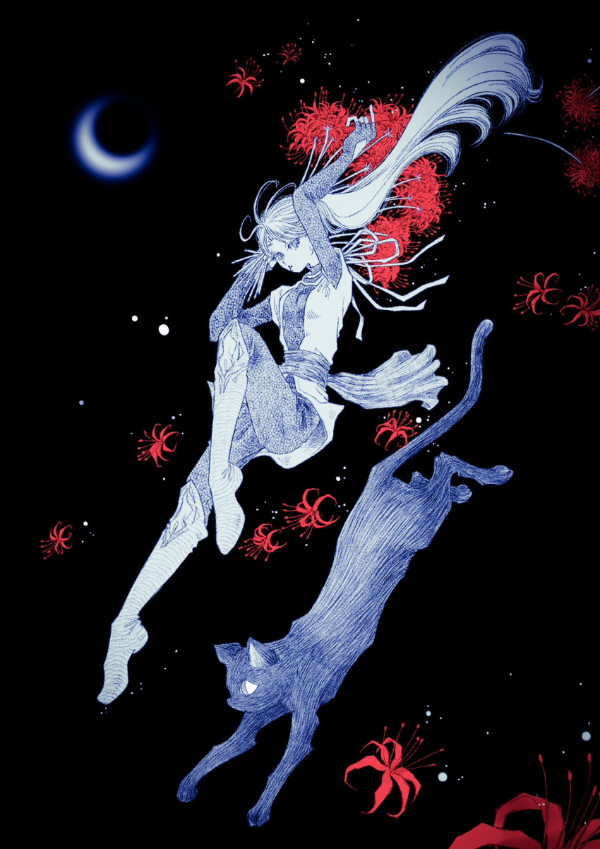 1girl, arm_up, boots, breasts, cat, commentary_request, crescent_moon, highres, knee_up, long_hair, looking_at_viewer, momonpu_heart, moon, original, pointed_toes, procreate_(medium), sky, tail