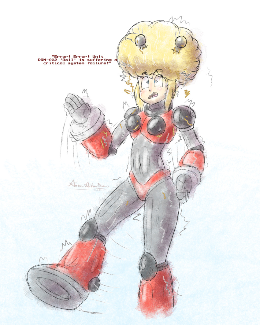 afro, ameerashourdraws, armor, bikini_armor, blonde_hair, blue_eyes, breasts, character_request