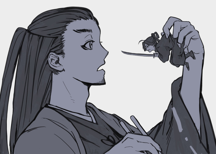 2boys, ahoge, ashikaga_takauji_(nige_jouzu_no_wakagimi), chopsticks, facial_hair, goatee, half_updo, highres