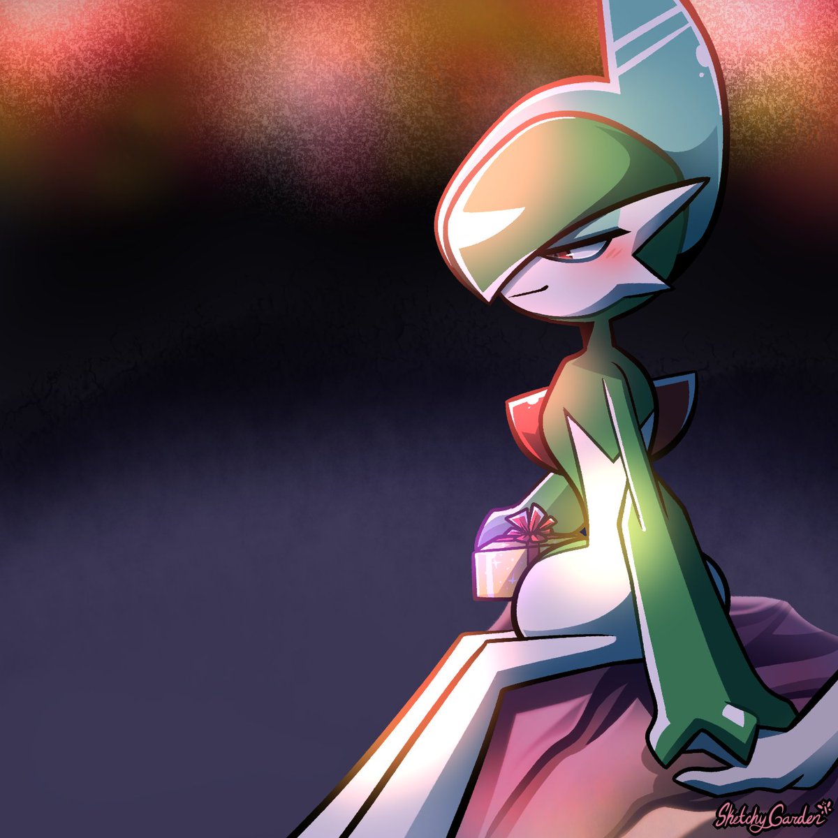 artist_name, blush, colored_skin, from_side, gallade, gift, green_skin, half-closed_eyes