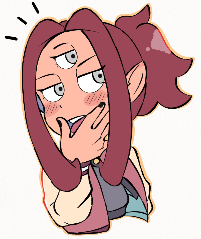 1girl, annemarcy98, black_nails, blush_stickers, boscha_(the_owl_house), cropped_torso, dark-skinned_female, dark_skin, grey_eyes, half-closed_eyes, hand_to_own_mouth, high_ponytail, highres, jacket, letterman_jacket, long_sleeves, looking_to_the_side, open_clothes, open_jacket, open_mouth, outline, parted_bangs, pointy_ears, redhead, short_ponytail, sidelocks, simple_background, teeth, the_owl_house, third_eye, upper_body, upper_teeth_only, white_background, yellow_outline