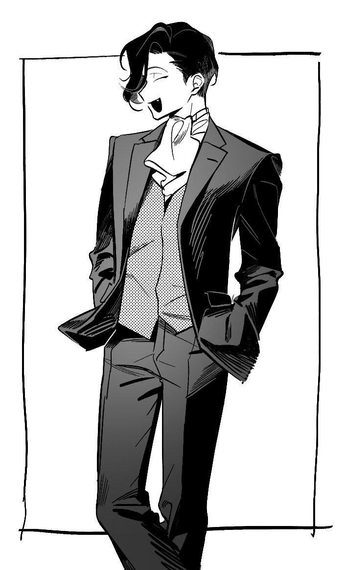 1boy, ascot, closed_eyes, commentary_request, deltaa, fang, feet_out_of_frame, greyscale, hands_in_pockets, jacket, korean_commentary, male_focus, monochrome, open_clothes, open_jacket, open_mouth, pants, saibou_shinkyoku, simple_background, smile, solo, utsugi_rangiri, vest, white_background