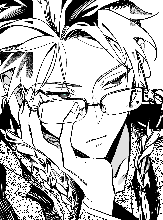 1boy, blue_pupils, braid, commentary, deltaa, glasses, greyscale, hand_on_own_face