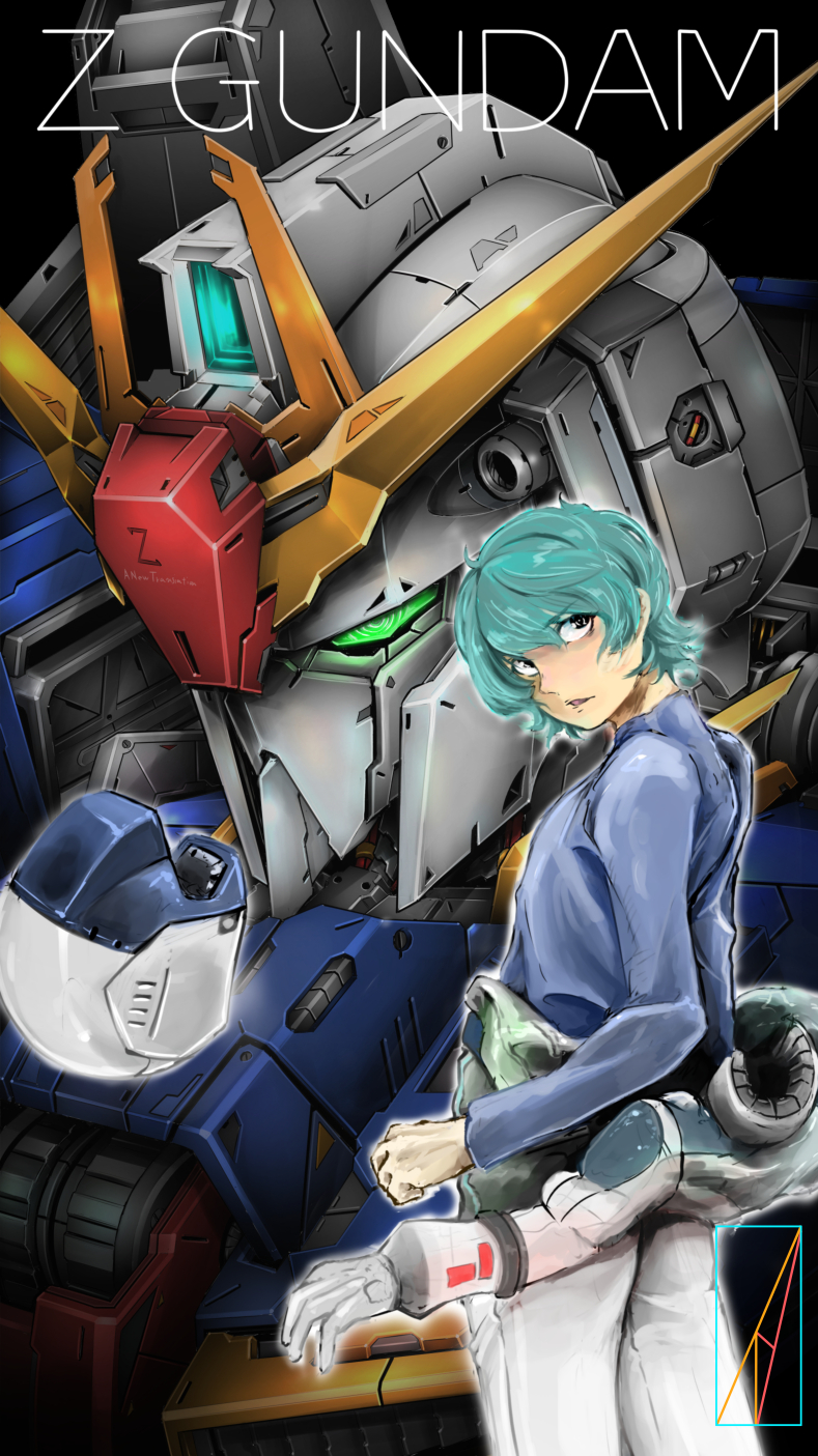 1boy, aeug, barrel_(weapon), blue_hair, character_name, commentary_request, denjyou23, derivative_work, gun, gundam, hangar, helmet, highres, kamille_bidan, looking_at_viewer, machine_gun, machinery, mecha, mobile_suit, pilot_suit, robot, science_fiction, space_helmet, spacecraft_interior, spacesuit, title, upper_body, v-fin, weapon, zero_gravity, zeta_gundam, zeta_gundam_(mobile_suit), zeta_gundam_define