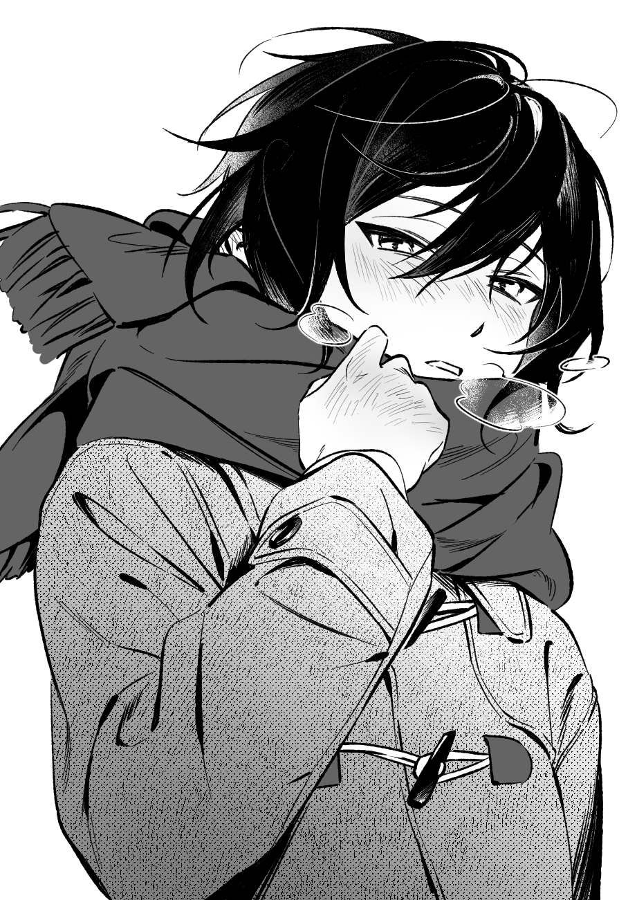 1boy, blush, commentary_request, deltaa, greyscale, hair_between_eyes, hand_blush, highres