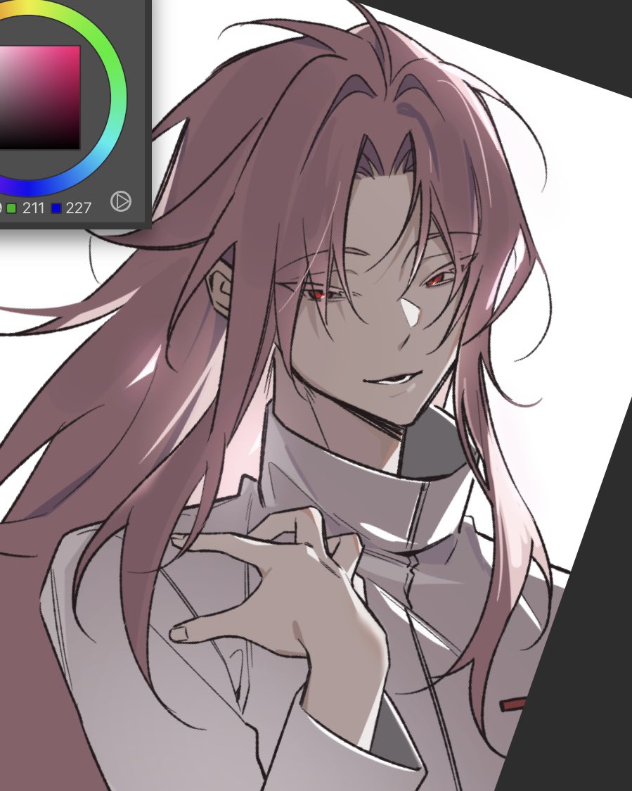 1boy, art_program_in_frame, colored_eyelashes, commentary_request, deltaa, hand_on_own_shoulder, hatsutori_hajime, high_collar