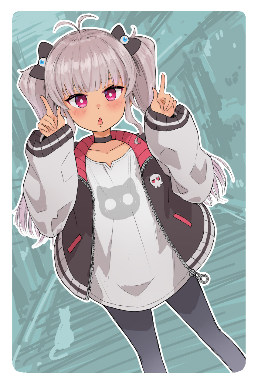 1girl, absurdres, antenna_hair, black_bow, black_choker, black_jacket, blush, bow, choker, collarbone, commentary_request, feet_out_of_frame, grey_hair, grey_pantyhose, grey_shirt, hair_bow, hands_up, highres, index_finger_raised, jacket, long_hair, long_sleeves, looking_at_viewer, matsukai_mao, nijisanji, open_clothes, open_jacket, open_mouth, outline, pantyhose, puffy_long_sleeves, puffy_sleeves, shirt, solo, standing, twintails, very_long_hair, violet_eyes, virtual_youtuber, white_outline, yowayowap