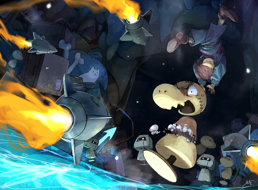 2d, 2others, ambiguous_gender, annoying_dog, battle, brown_hair, digital_media, dog, dummy, duplicate, frisk_(undertale), human, jumping, mad_dummy_(undertale), missile, rocket, seki_(vcyr2733), short_hair, signature, striped_clothes, striped_shirt, undertale, utdr_(toby_fox)