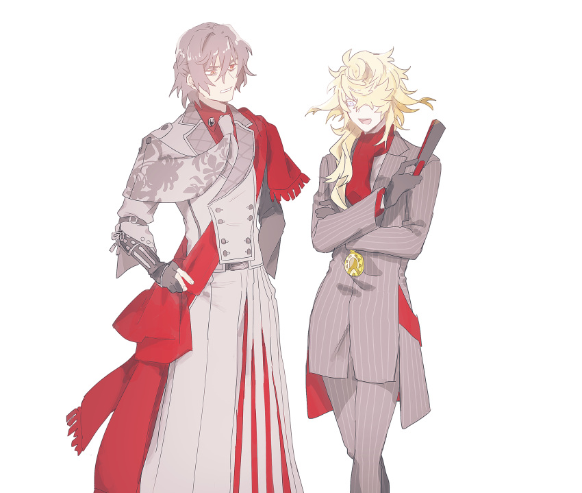 2boys, absurdres, antonio_salieri_(fate), antonio_salieri_(fate)_(cosplay), antonio_salieri_(second_ascension)_(fate), antonio_salieri_(second_ascension)_(fate)_(cosplay), armor, ascot, bags_under_eyes, black_gloves, blonde_hair, blue_eyes, buttons, chrysanthemum_print, clenched_teeth, collared_shirt, colored_eyelashes, cosplay, costume_switch, crossover, double-breasted, fate/grand_order, fate_(series), floral_print, folded_fan, folding_fan, furrowed_brow, gloves, grey_hair, grey_jacket, grey_pants, hair_between_eyes, hair_intakes, hair_over_one_eye, hair_over_shoulder, hakama, hakama_pants, half_updo, hand_fan, hand_on_own_hip, highres, holding, holding_fan, ichimonji_norimune, ichimonji_norimune_(cosplay), jacket, japanese_armor, japanese_clothes, kimidorix32, kote, kurokote, long_hair, long_sleeves, looking_at_another, male_focus, multiple_boys, necktie, open_mouth, pants, partially_fingerless_gloves, pinstripe_jacket, pinstripe_pattern, pinstripe_suit, red_ascot, red_eyes, red_sash, red_shirt, sash, shirt, short_hair, shoulder_sash, simple_background, smile, standing, striped_suit, suit, teeth, touken_ranbu, white_background, white_hakama, white_jacket, white_necktie, wing_collar