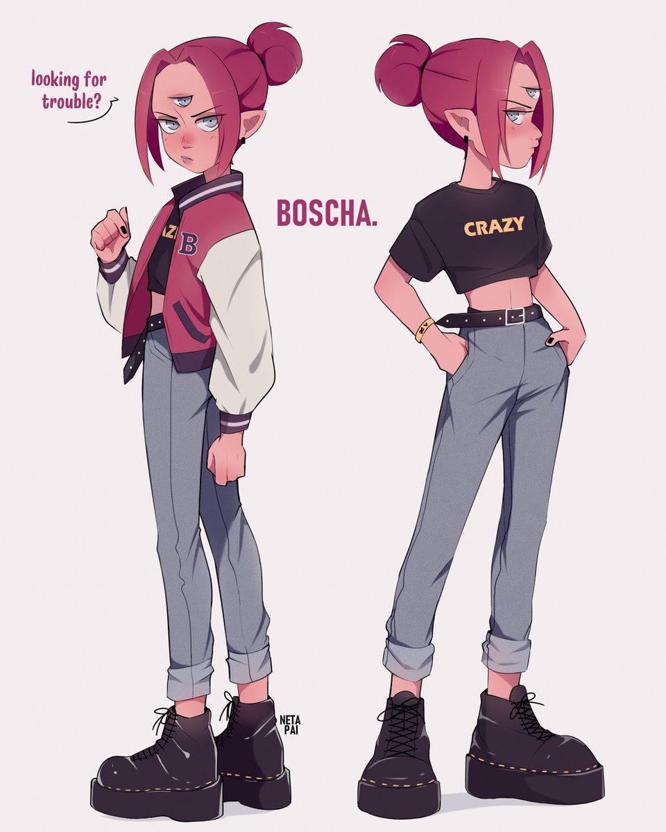 1girl, ankle_boots, artist_name, belt, black_nails, black_shirt, boots, boscha_(the_owl_house)