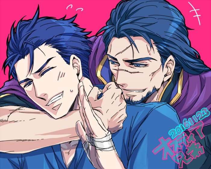 2boys, affectionate, arm_around_neck, bandaged_hand, bandages, beard, blue_eyes, blue_hair