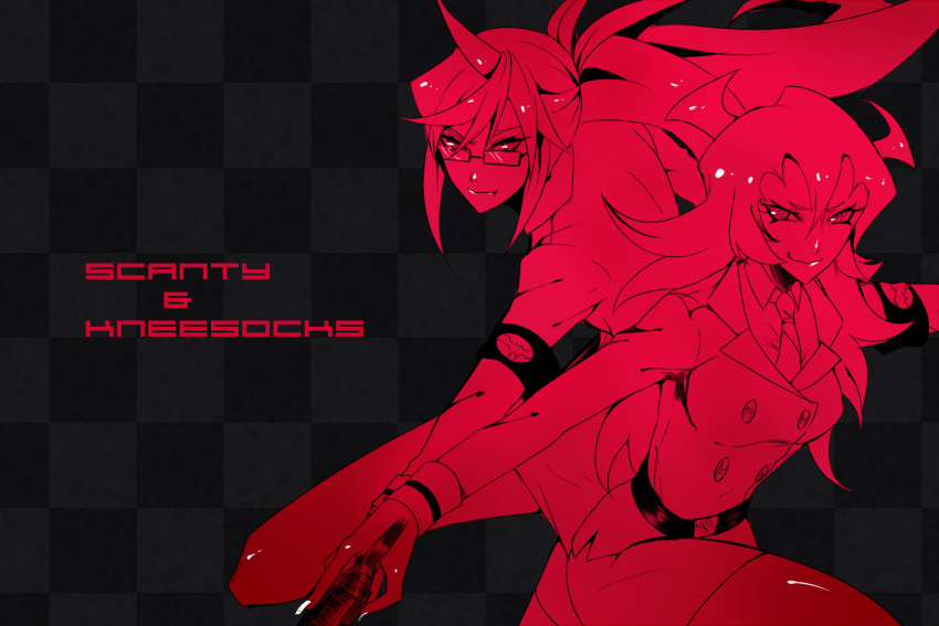 2girls, demon_girl, double_gold_lacytanga, double_gold_spandex, fang, glasses, horns, kneesocks_(character)