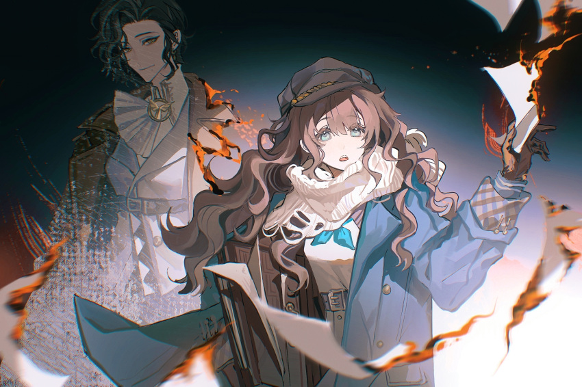 2girls, :o, ascot, belt, black_background, black_hair, blue_coat, blue_eyes