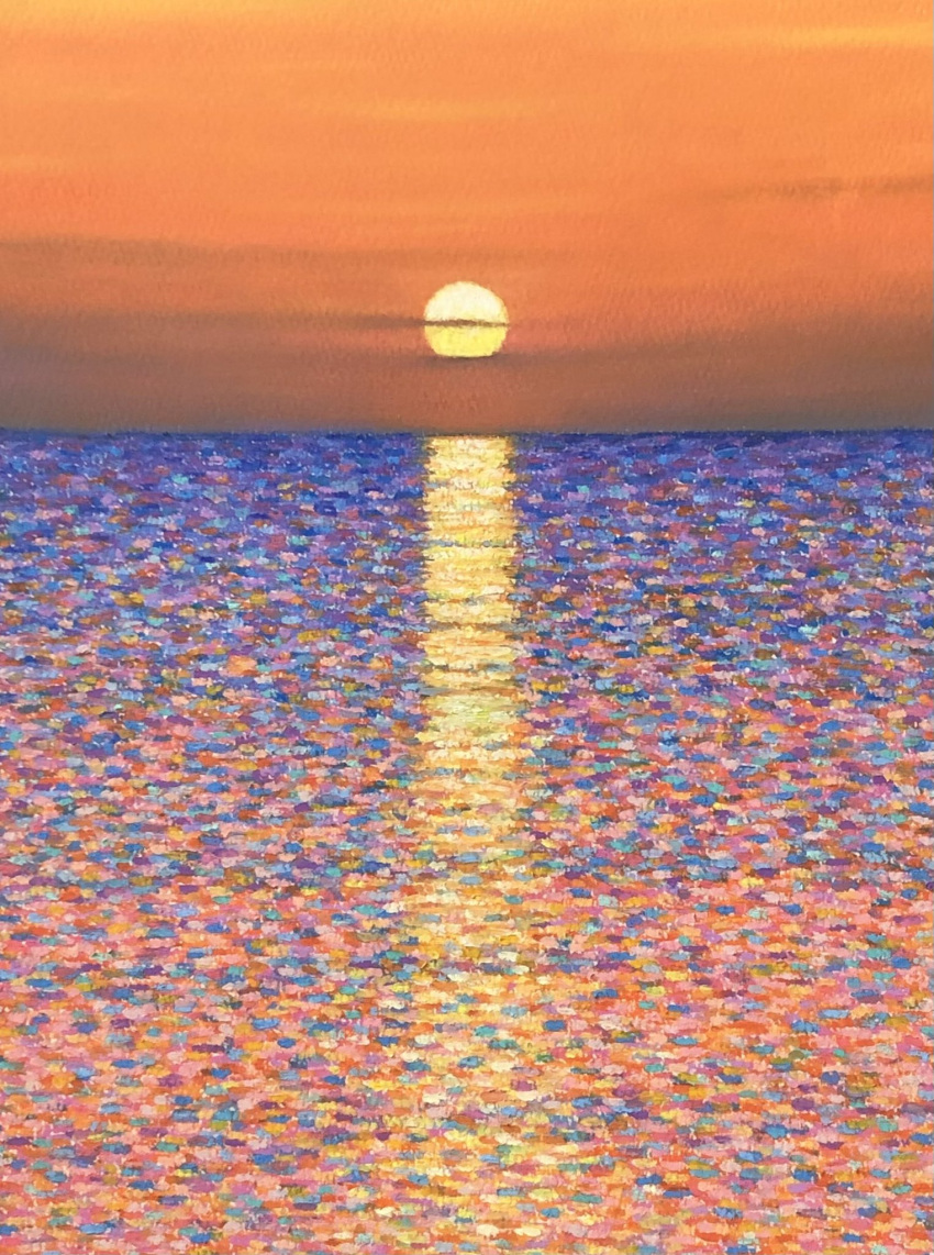 clouds, cloudy_sky, day, evening, highres, horizon, keitatsujia, no_humans, ocean, orange_sky, original, painting_(medium), pointillism, sky, sun, sunlight, sunset, traditional_media, water