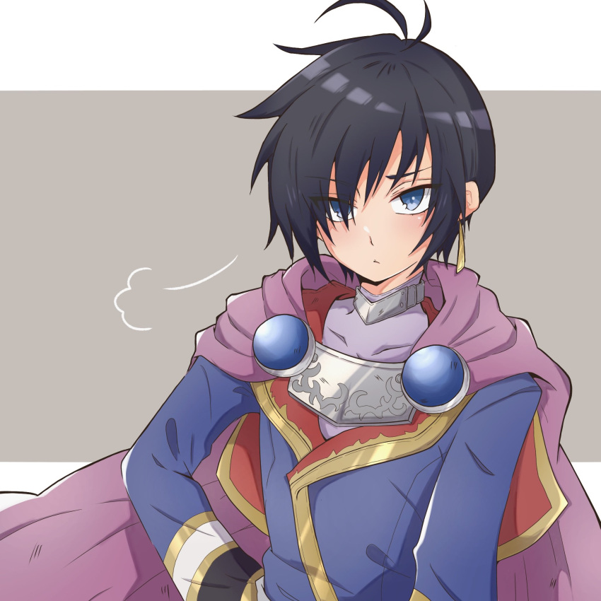 1boy, black_hair, blue_eyes, cape, closed_mouth, grey_background, highres, kazunokoumaa_(mymyabyss)