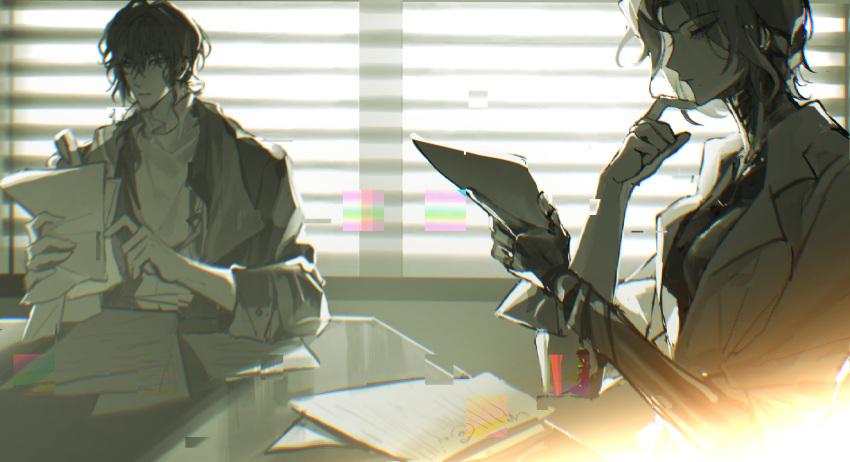 1boy, 1girl, android, backlighting, coat, enigma_(reverse:1999), finger_to_own_chin, from_side